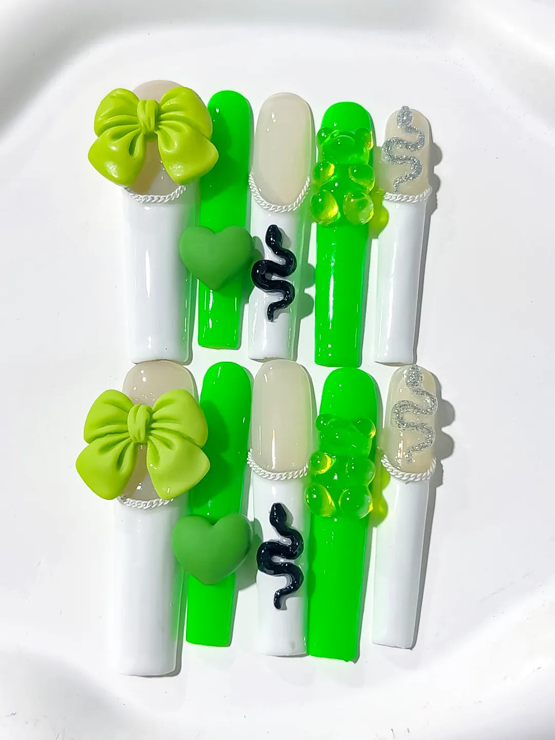 L066 - Long White Green Square Solid color Bow Heart