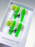L066 - Long White Green Square Solid color Bow Heart