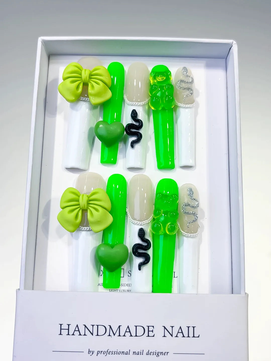 L066 - Long White Green Square Solid color Bow Heart