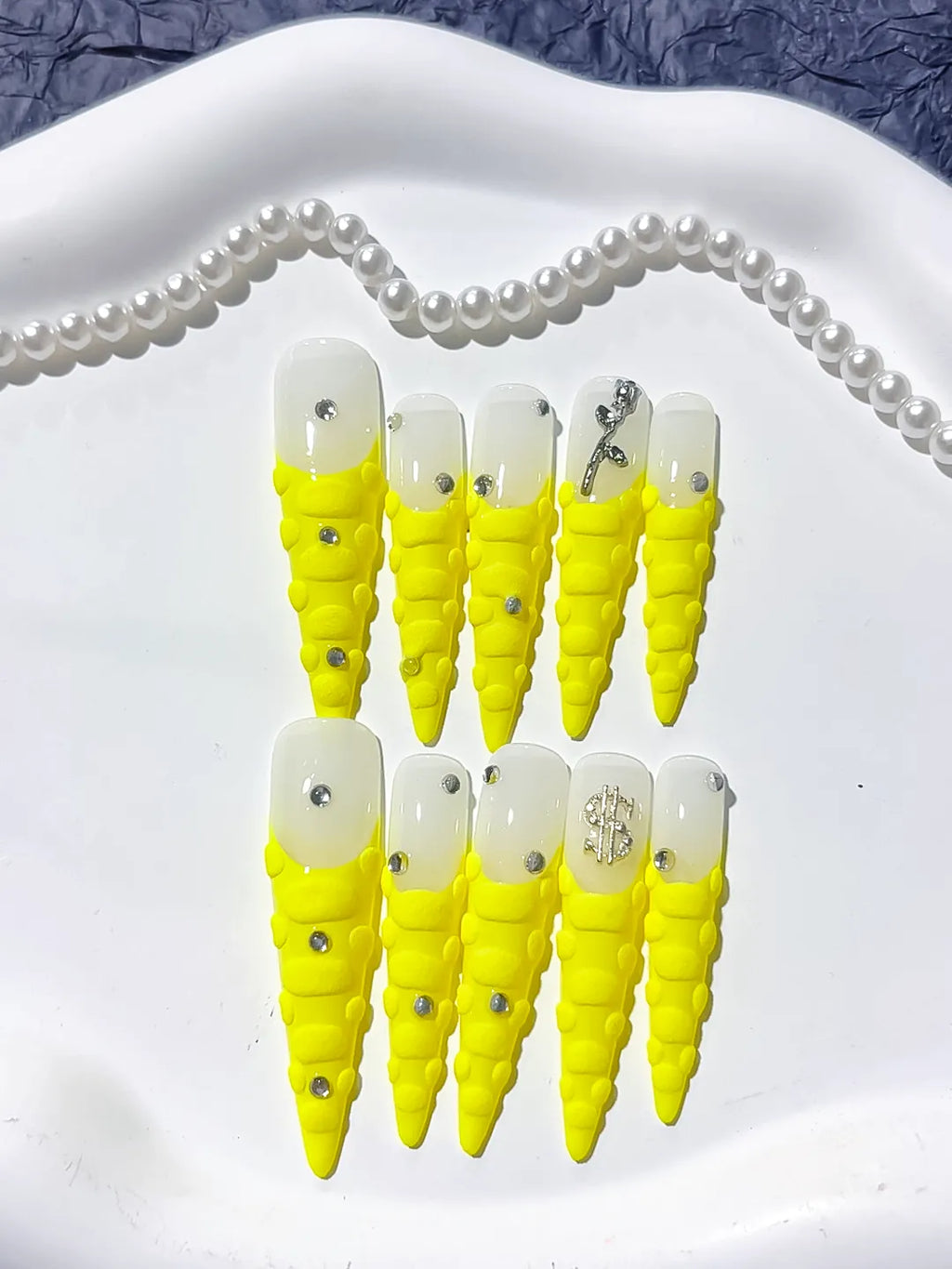 L070 - Long White Yellow Stiletto French tip Rhinestone