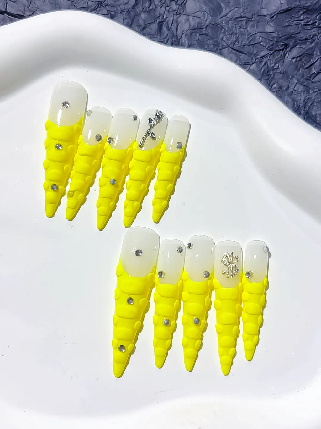 L070 - Long White Yellow Stiletto French tip Rhinestone