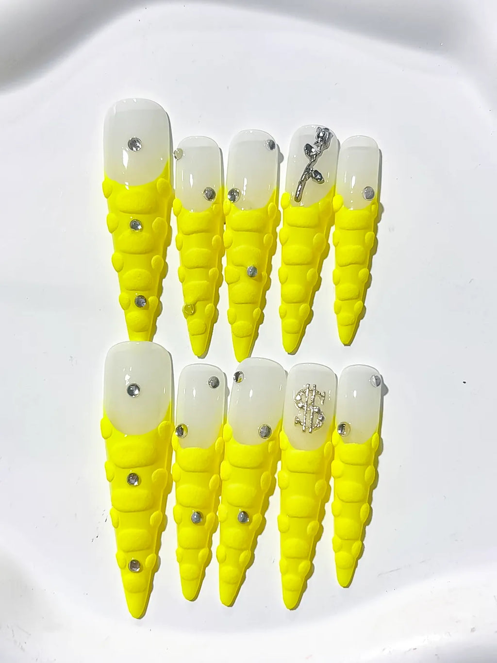 L070 - Long White Yellow Stiletto French tip Rhinestone