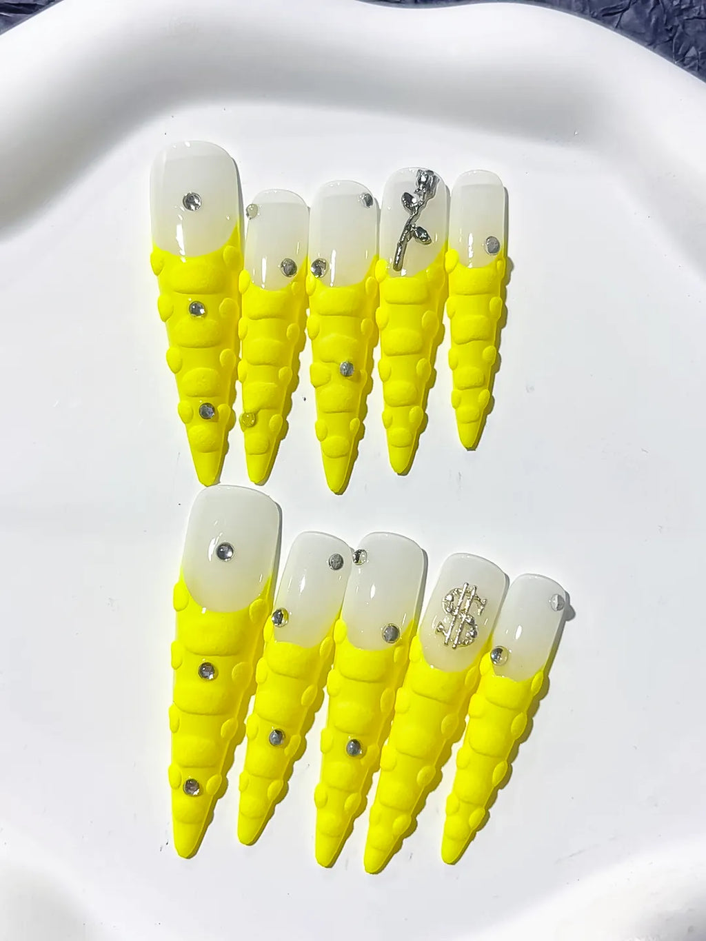 L070 - Long White Yellow Stiletto French tip Rhinestone