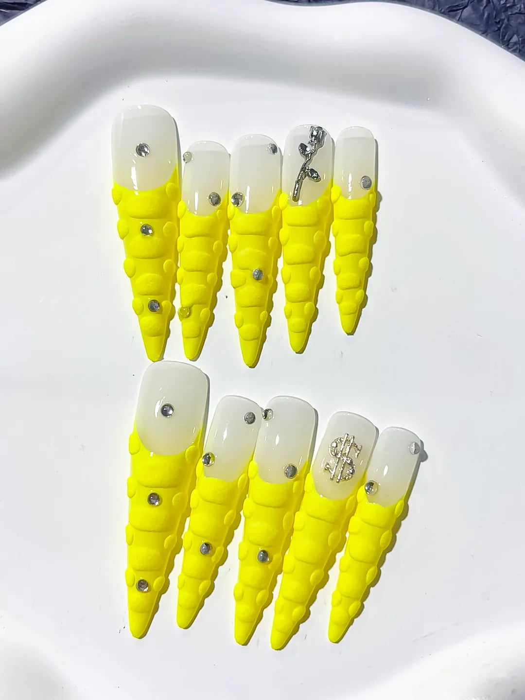 L070 - Long White Yellow Stiletto French tip Rhinestone