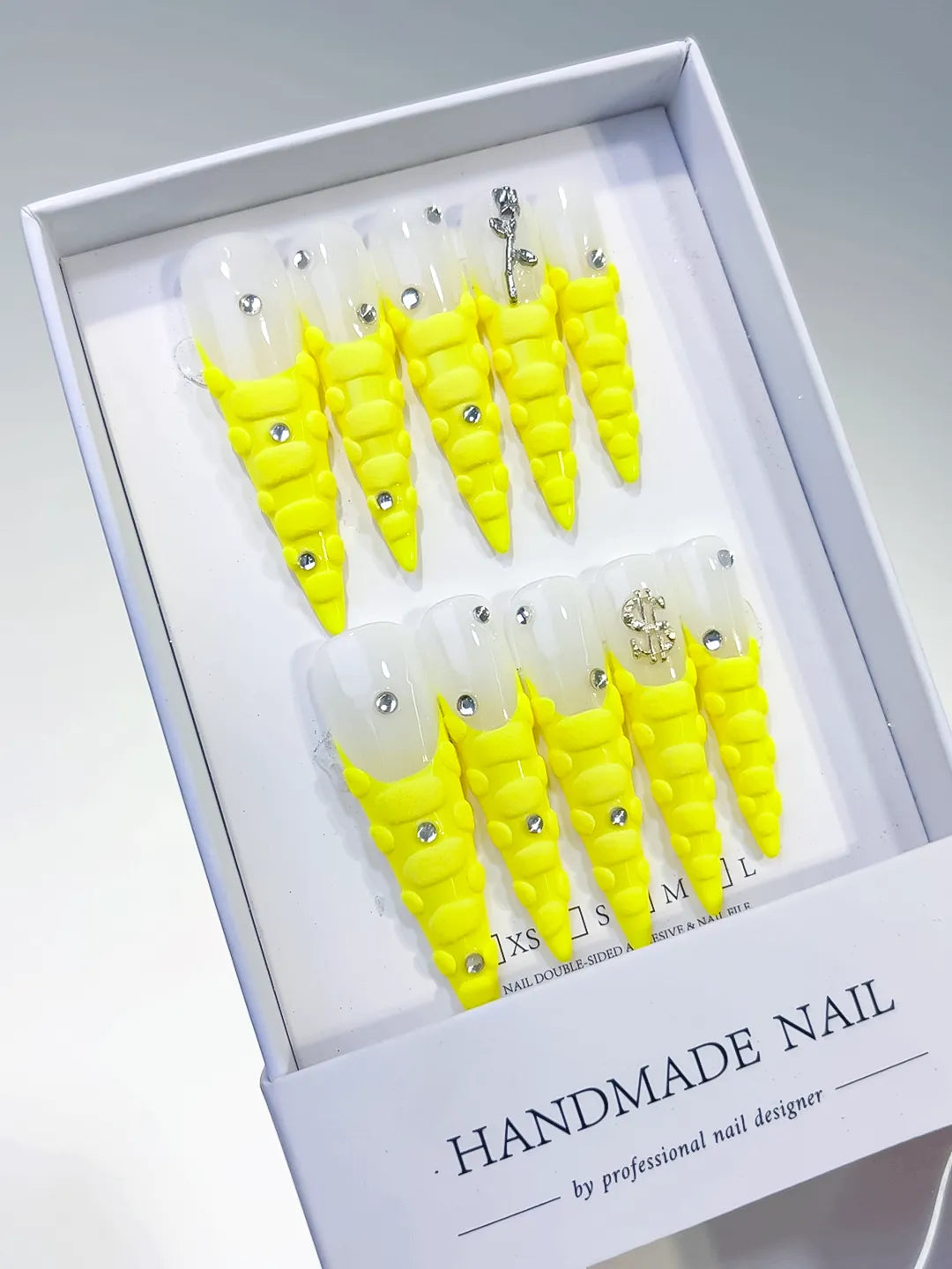 L070 - Long White Yellow Stiletto French tip Rhinestone