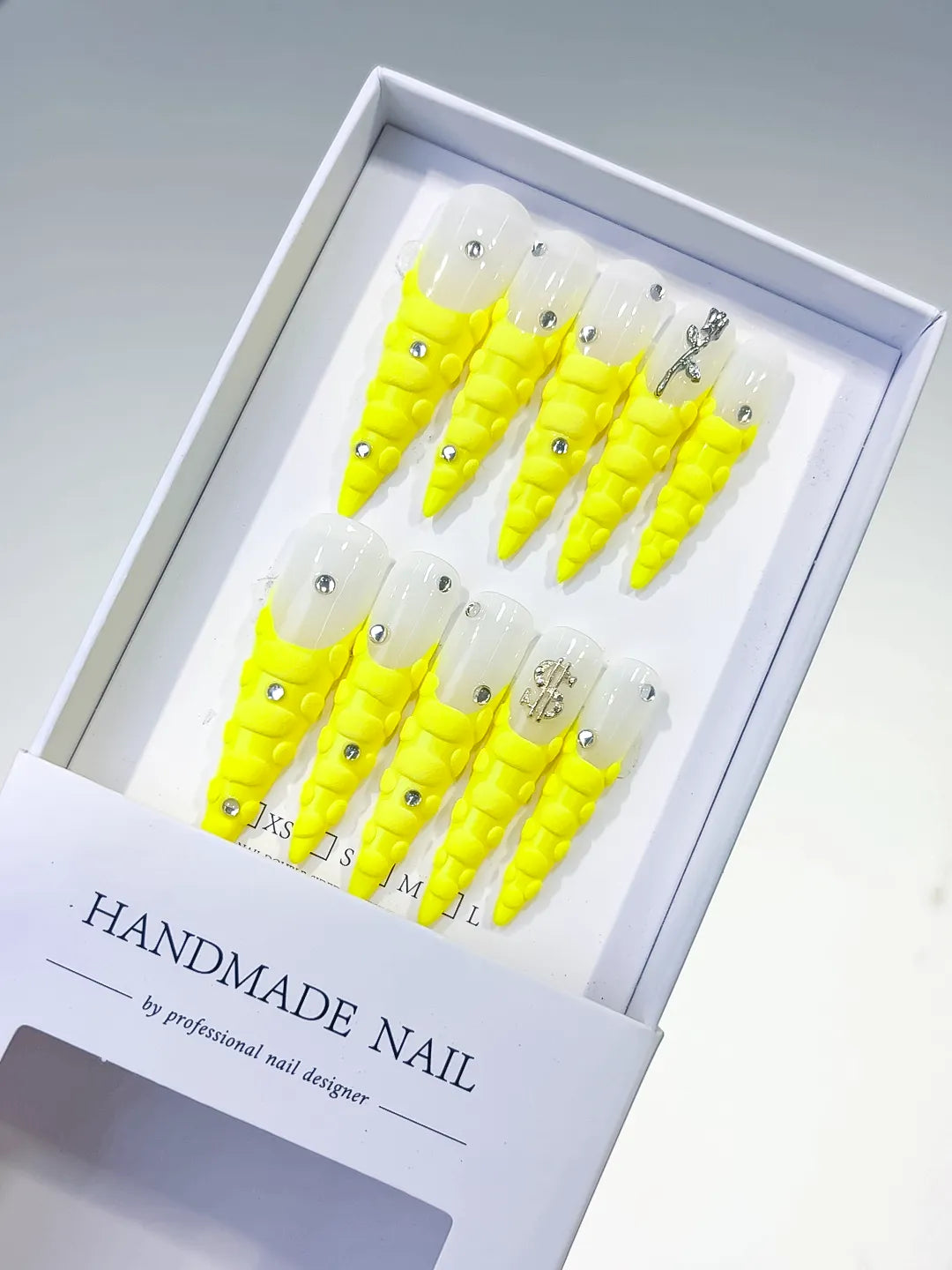 L070 - Long White Yellow Stiletto French tip Rhinestone