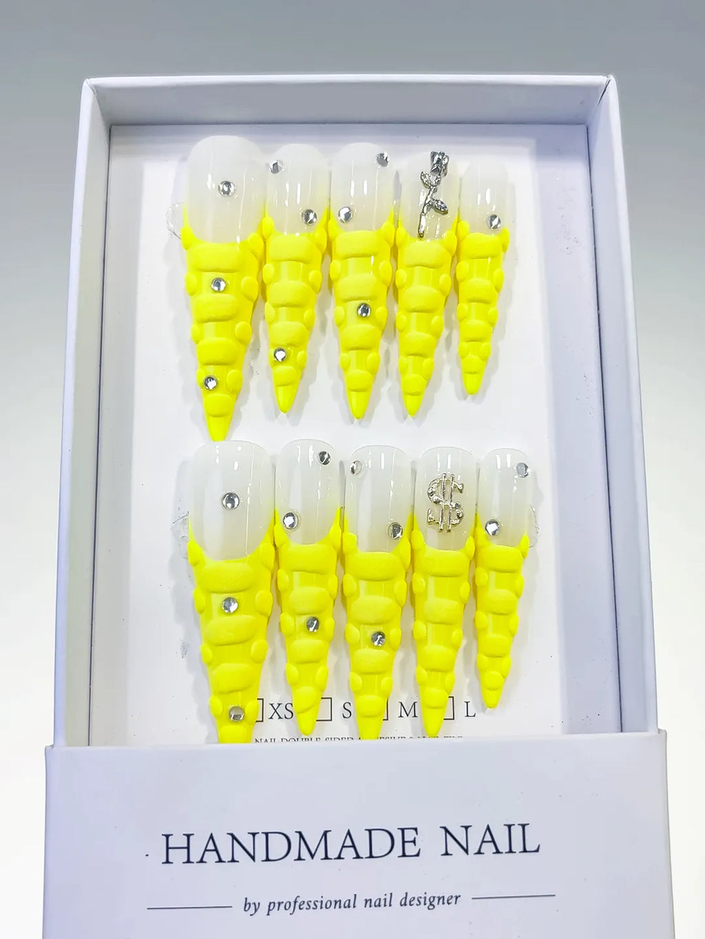 L070 - Long White Yellow Stiletto French tip Rhinestone