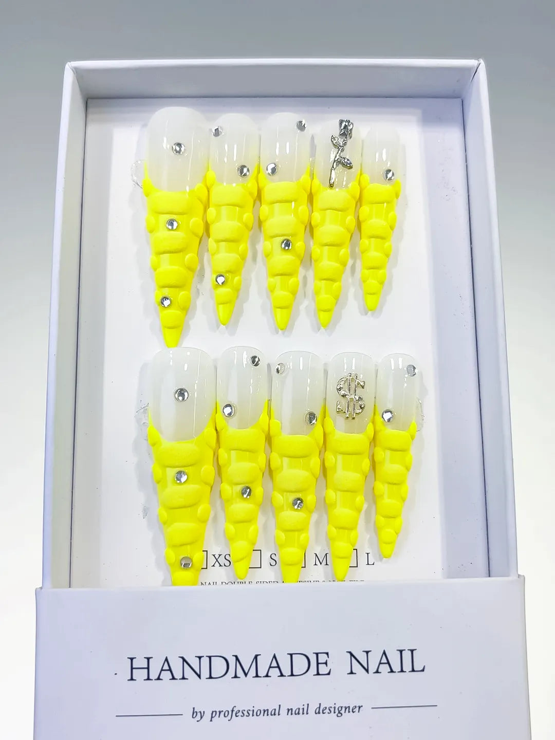 L070 - Long White Yellow Stiletto French tip Rhinestone
