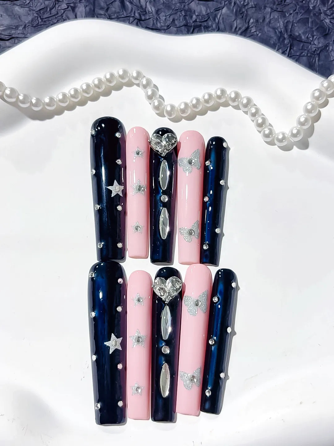 L071 - Long Black Pink Square Solid color Star Bow