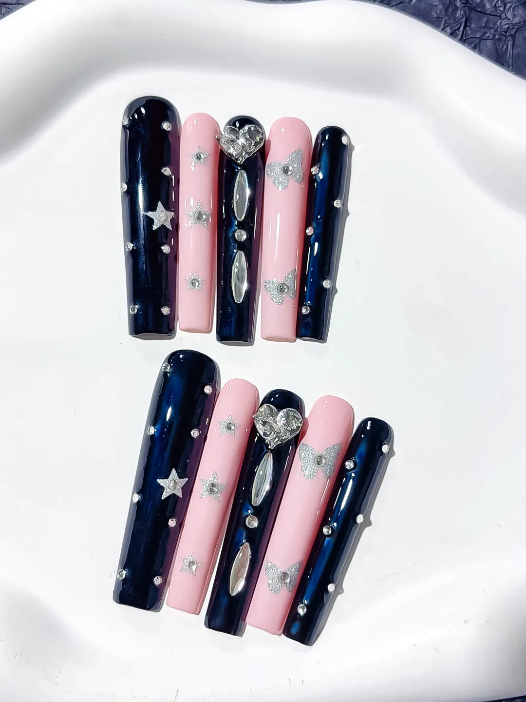 L071 - Long Black Pink Square Solid color Star Bow
