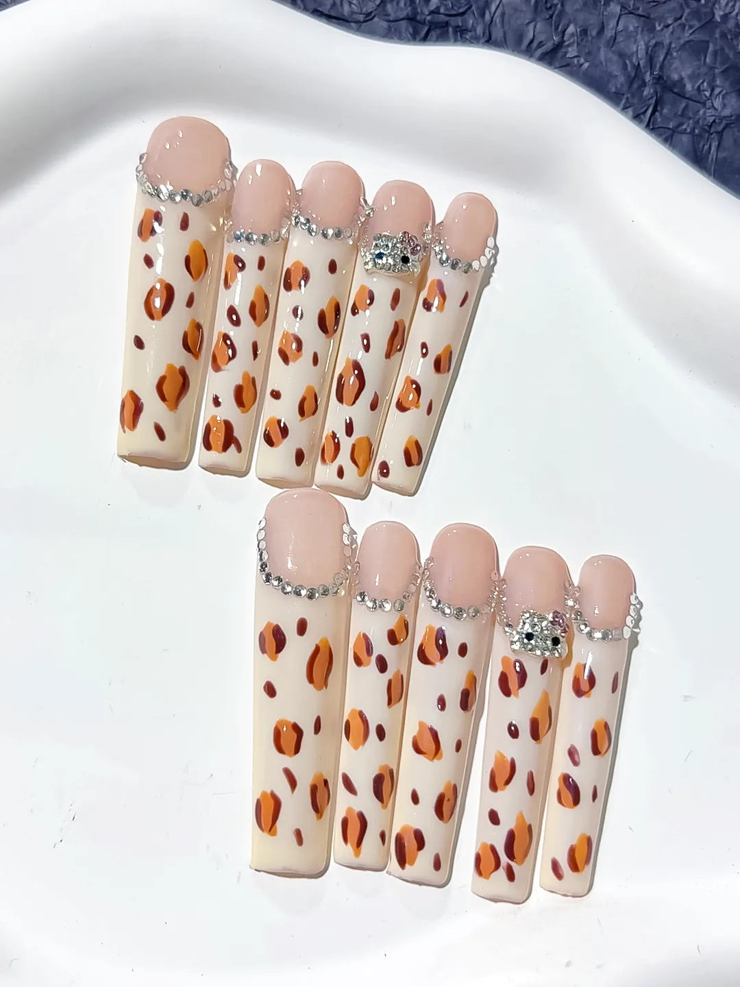 L072 - Long White Brown Square Abstract Animal Print Rhinestone