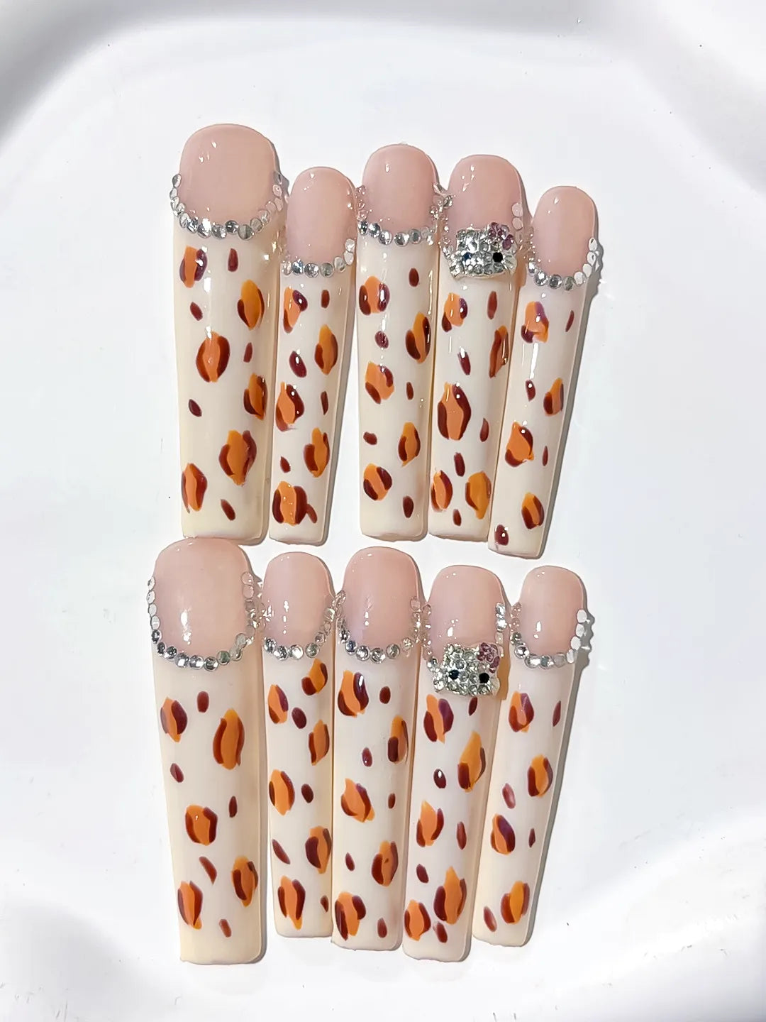 L072 - Long White Brown Square Abstract Animal Print Rhinestone