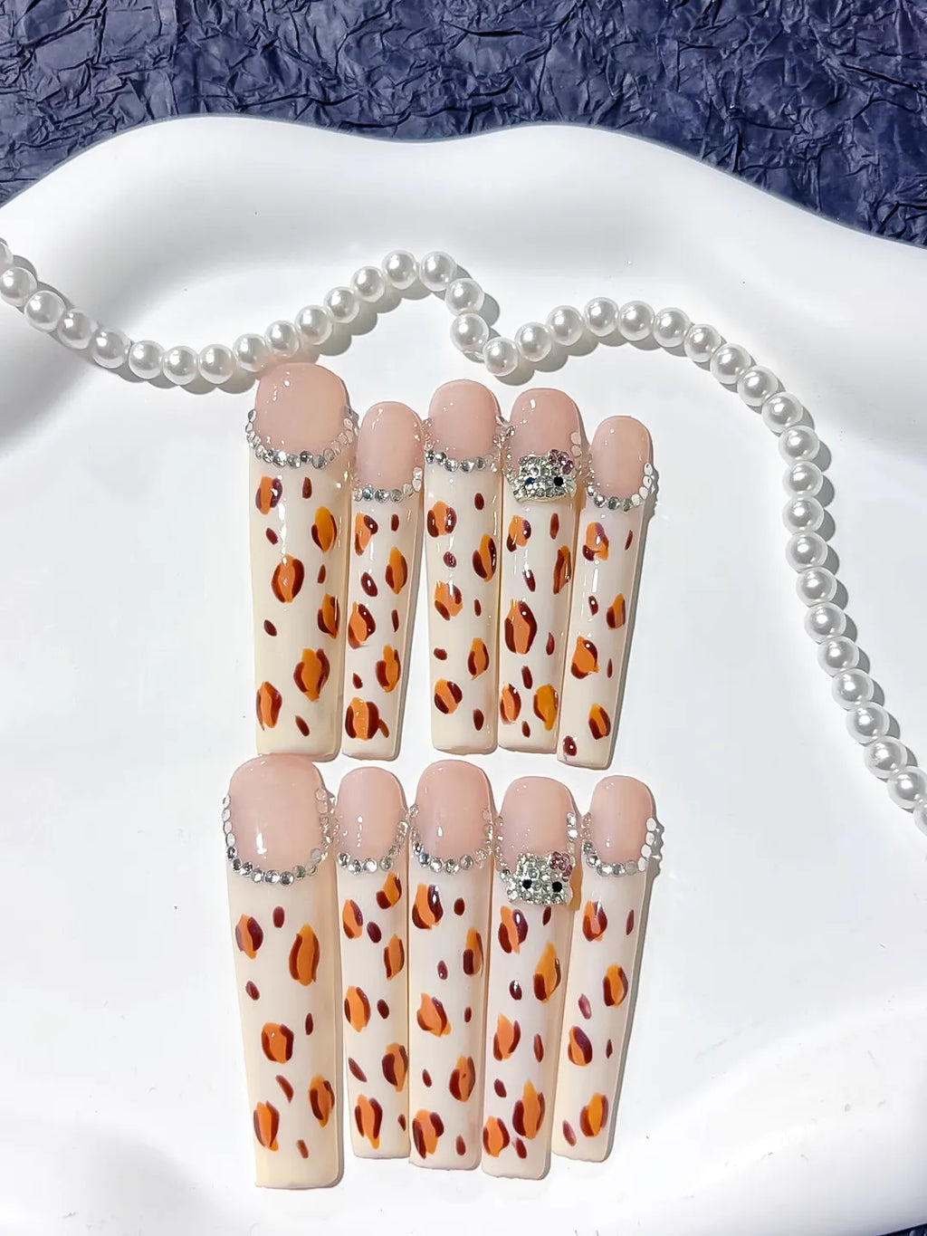 L072 - Long White Brown Square Abstract Animal Print Rhinestone