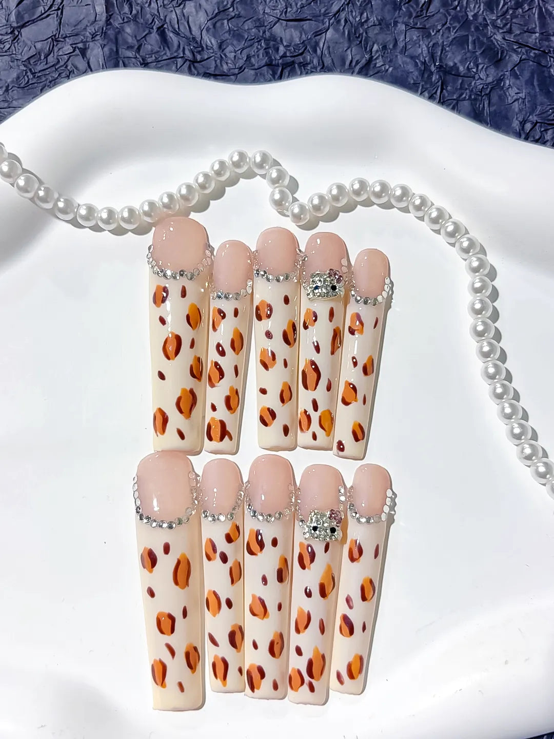 L072 - Long White Brown Square Abstract Animal Print Rhinestone