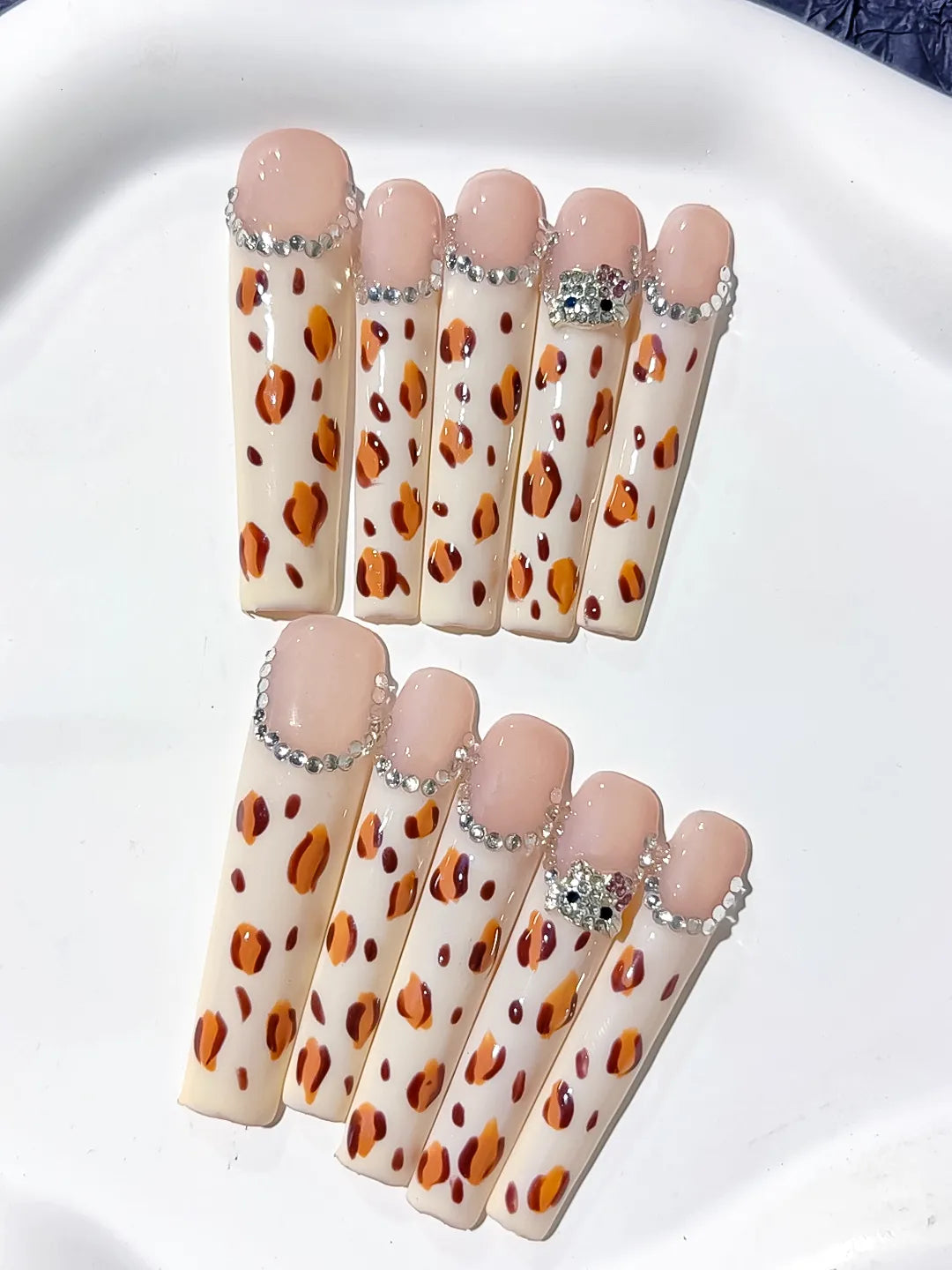 L072 - Long White Brown Square Abstract Animal Print Rhinestone