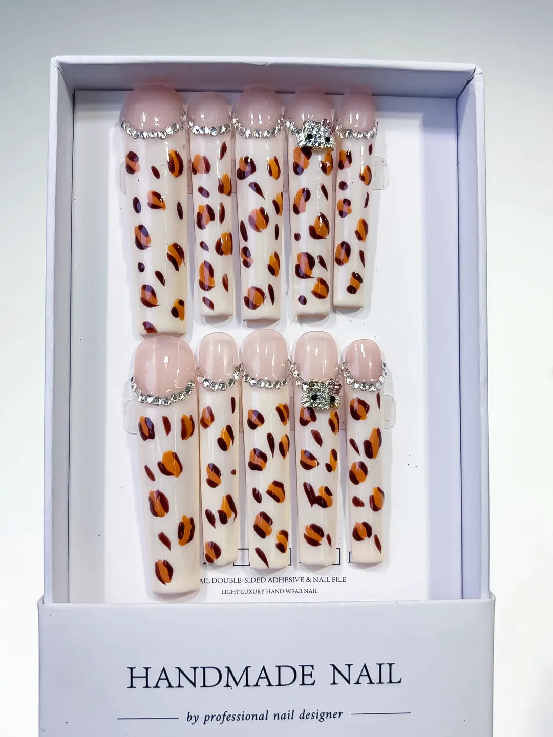 L072 - Long White Brown Square Abstract Animal Print Rhinestone