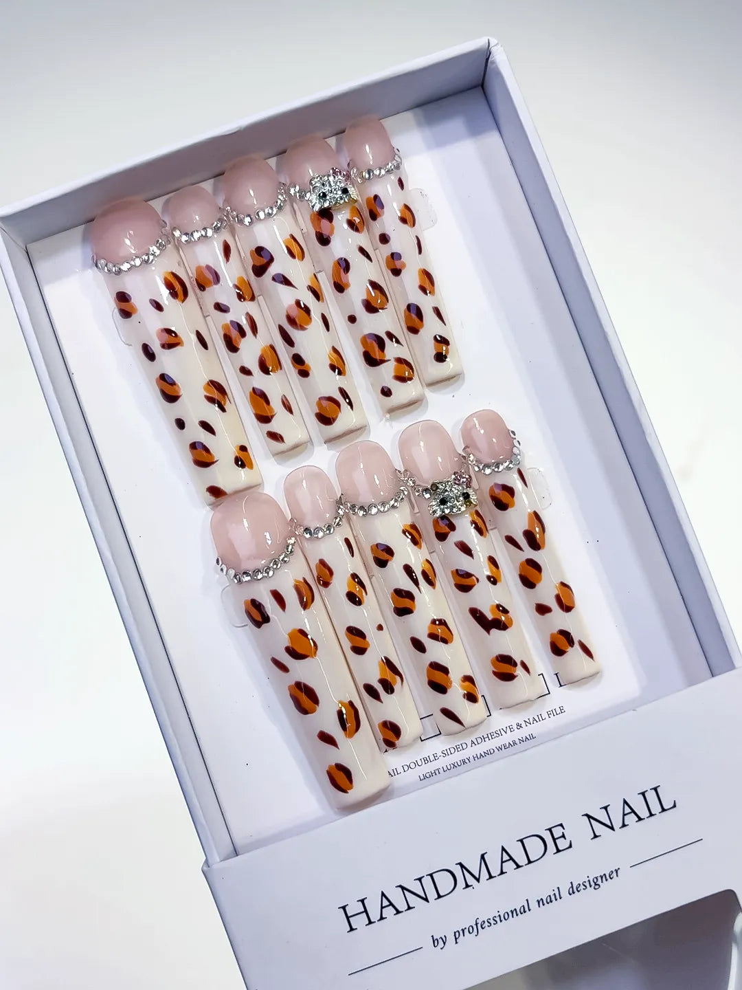 L072 - Long White Brown Square Abstract Animal Print Rhinestone