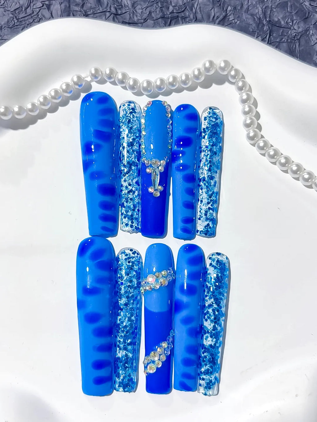 L073 - Long Blue White Square Glitter Cross Rhinestone