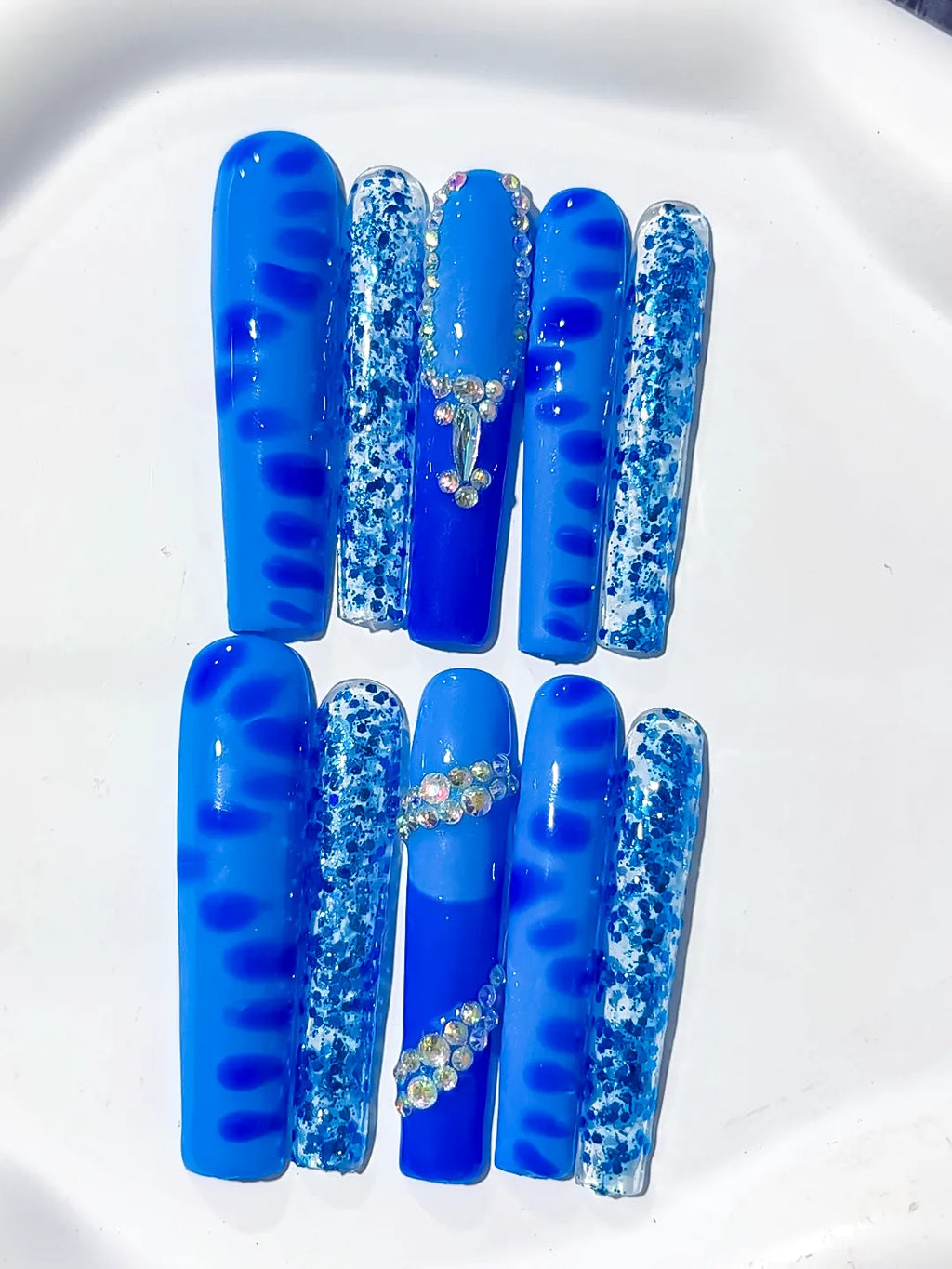 L073 - Long Blue White Square Glitter Cross Rhinestone