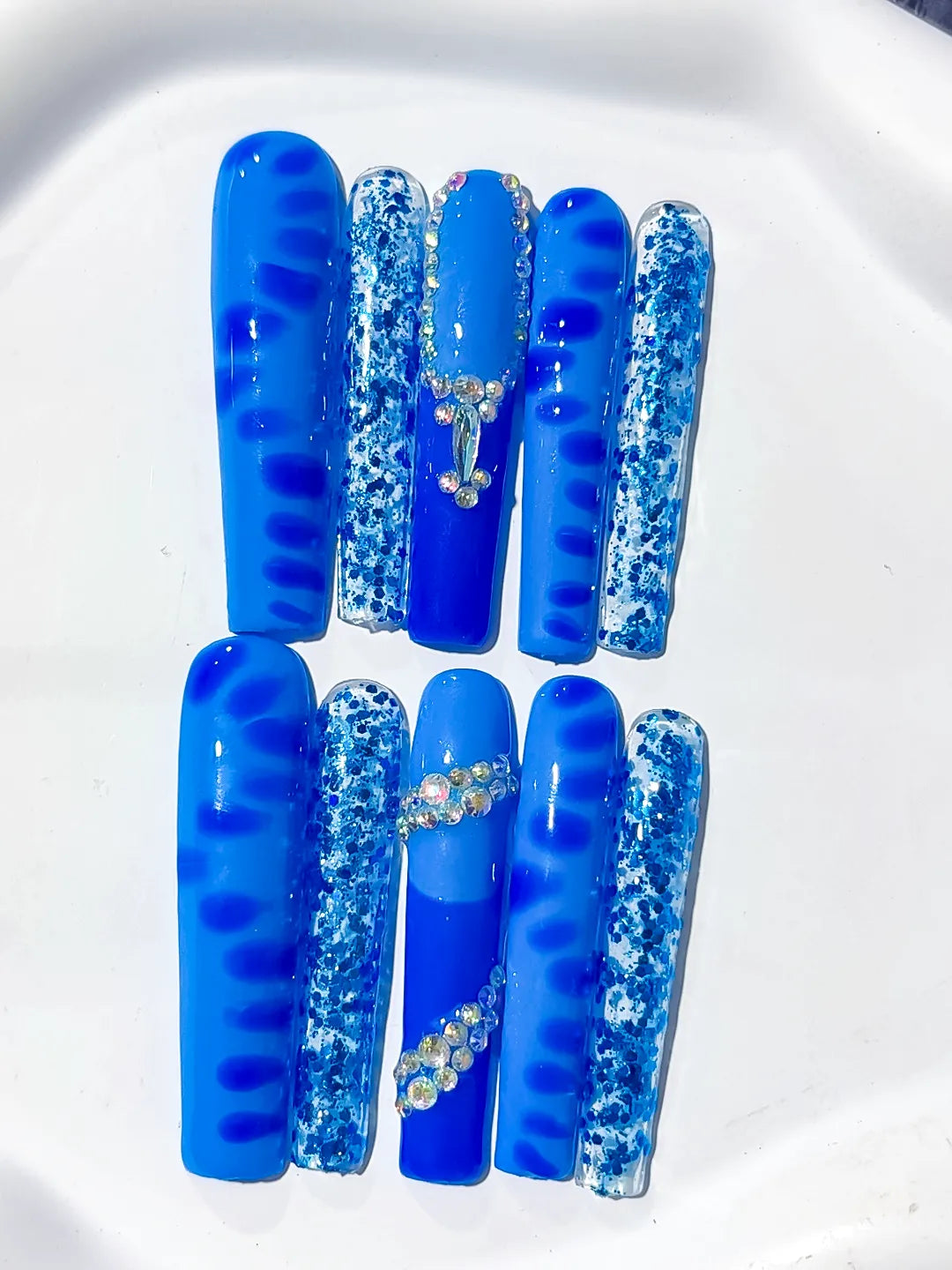 L073 - Long Blue White Square Glitter Cross Rhinestone