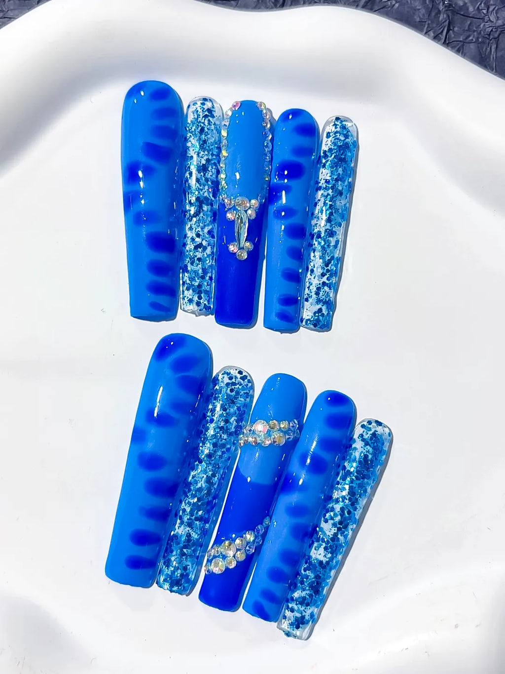 L073 - Long Blue White Square Glitter Cross Rhinestone