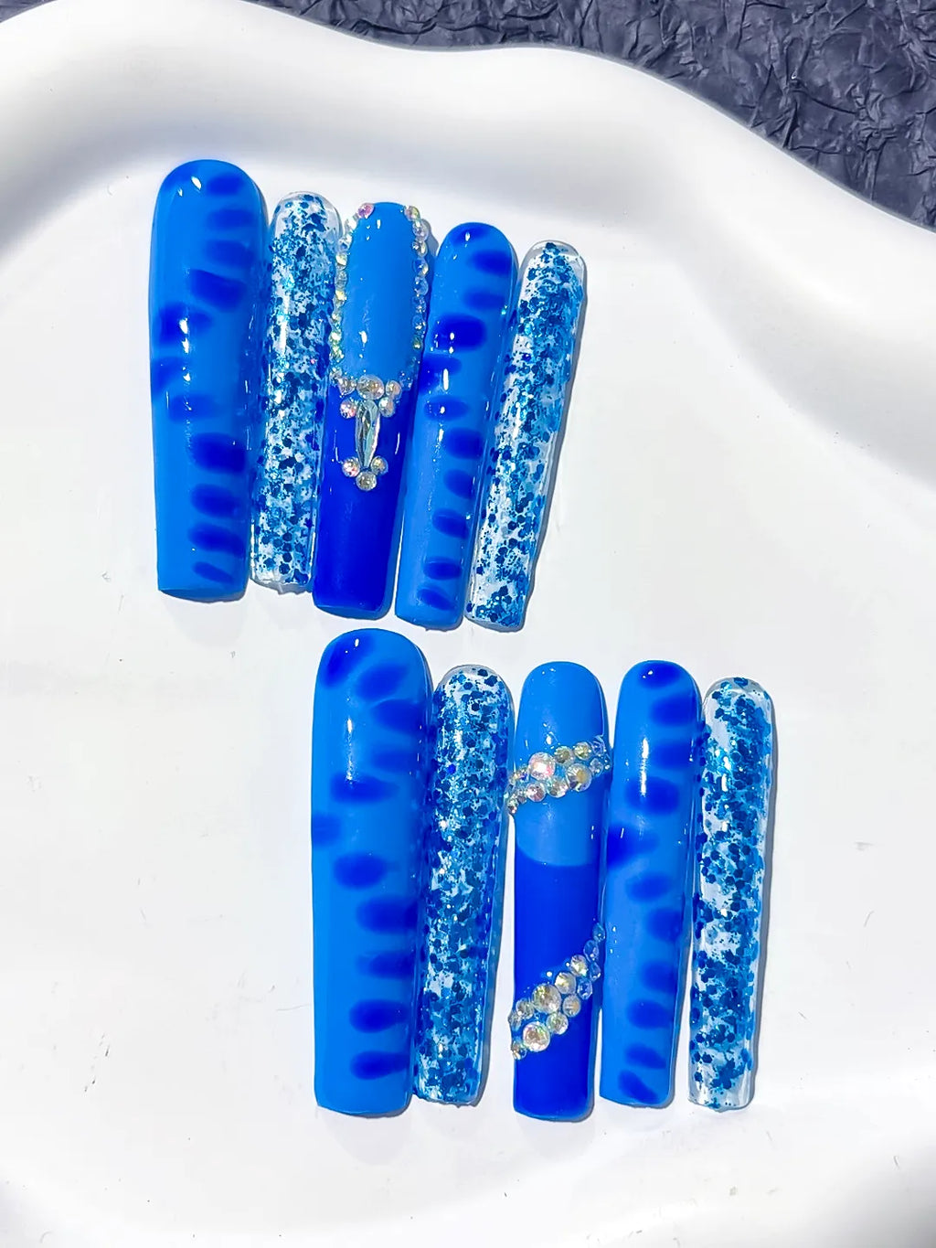 L073 - Long Blue White Square Glitter Cross Rhinestone