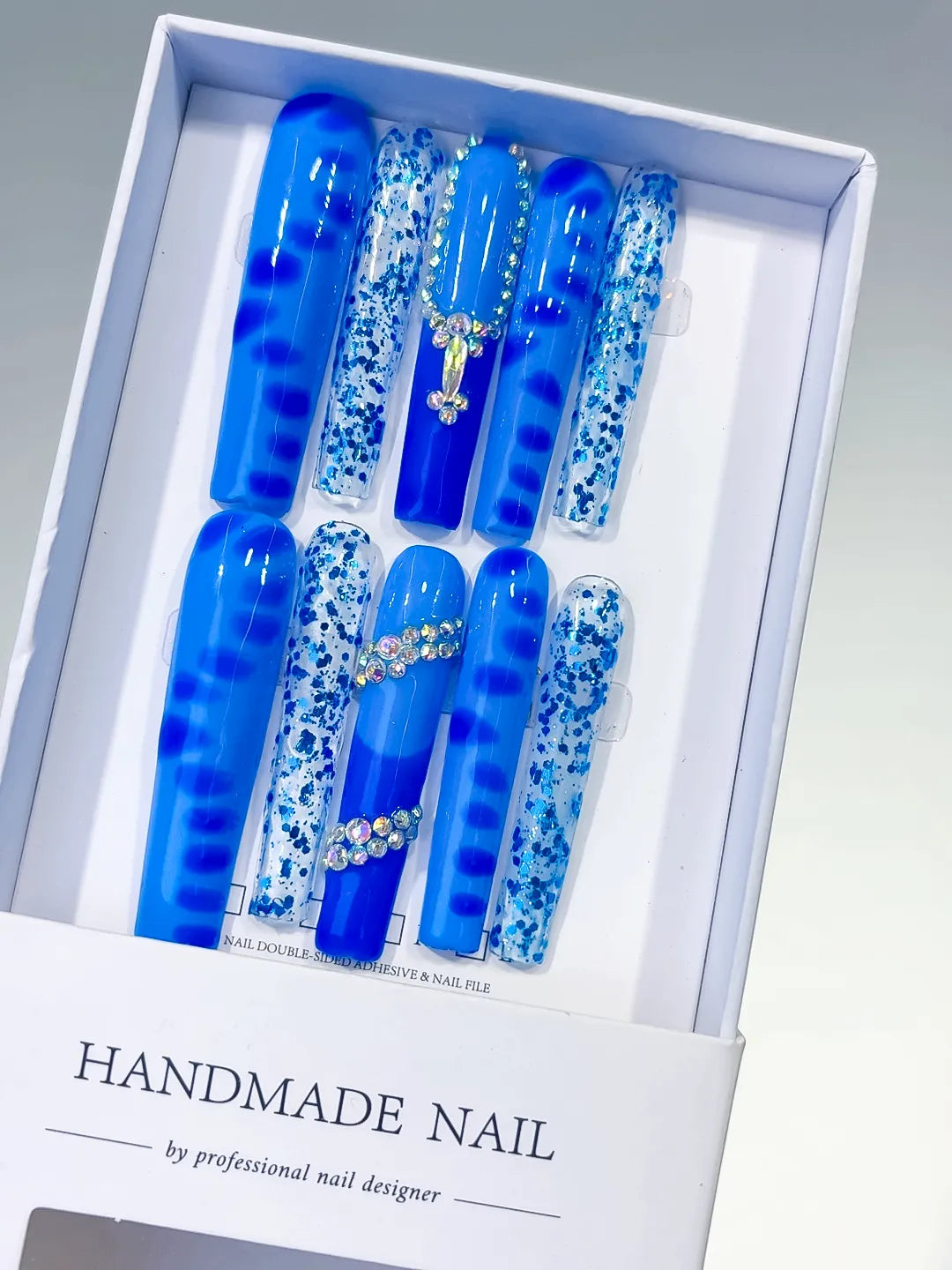 L073 - Long Blue White Square Glitter Cross Rhinestone