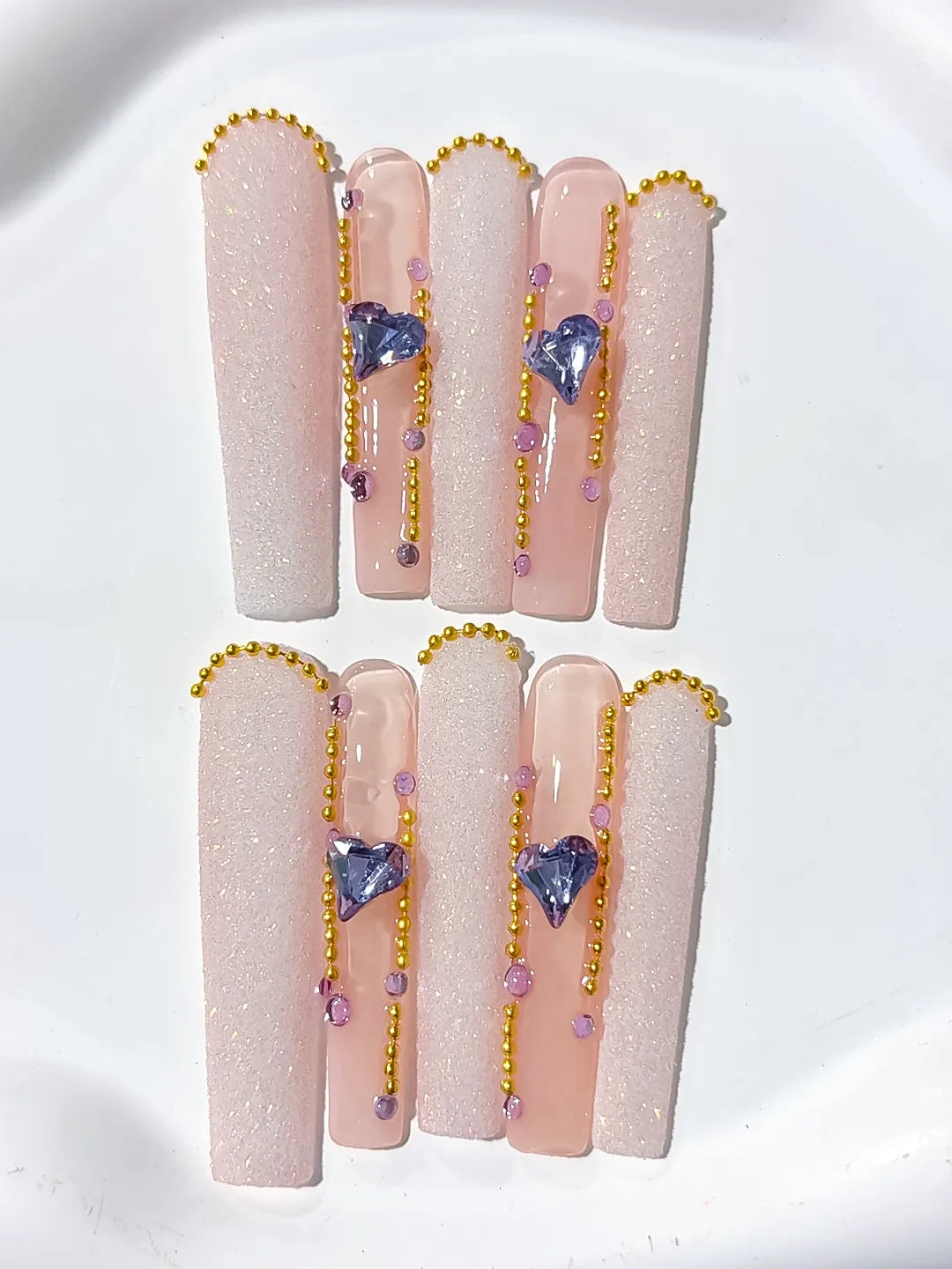 L074 - Long Nude White Square Glitter Heart Rhinestone