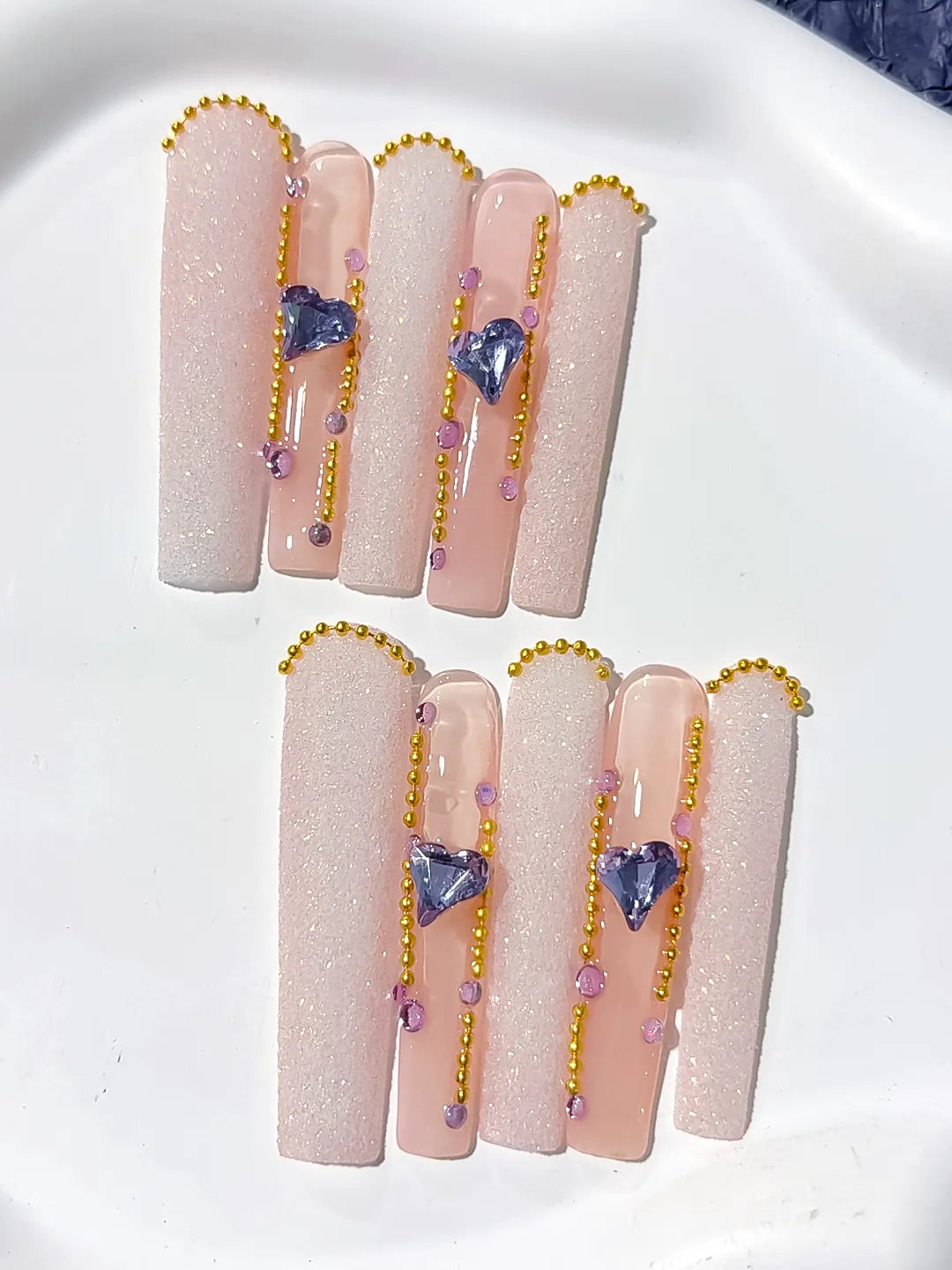L074 - Long Nude White Square Glitter Heart Rhinestone