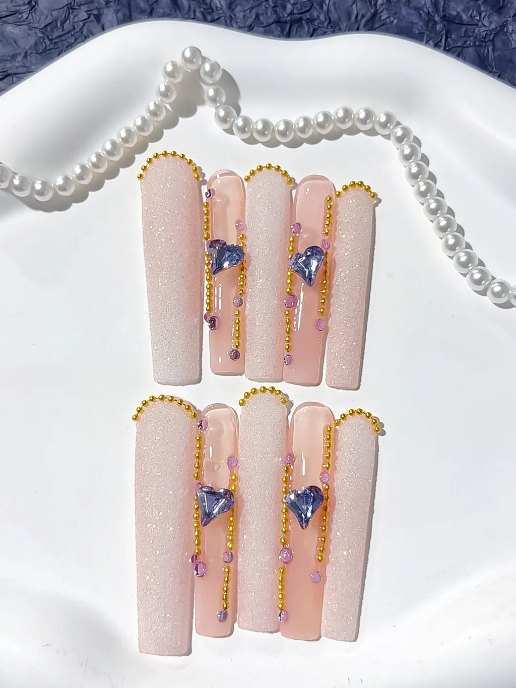 L074 - Long Nude White Square Glitter Heart Rhinestone