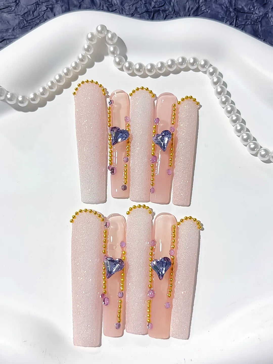 L074 - Long Nude White Square Glitter Heart Rhinestone