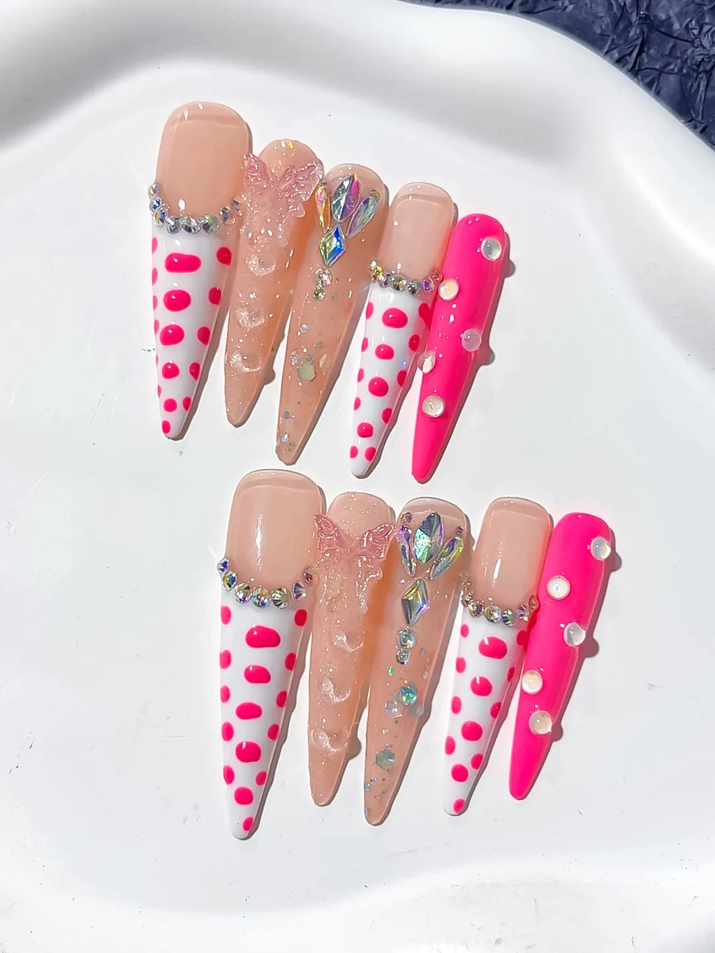 L075 - Long Nude White Stiletto Abstract Dot Pattern Bow