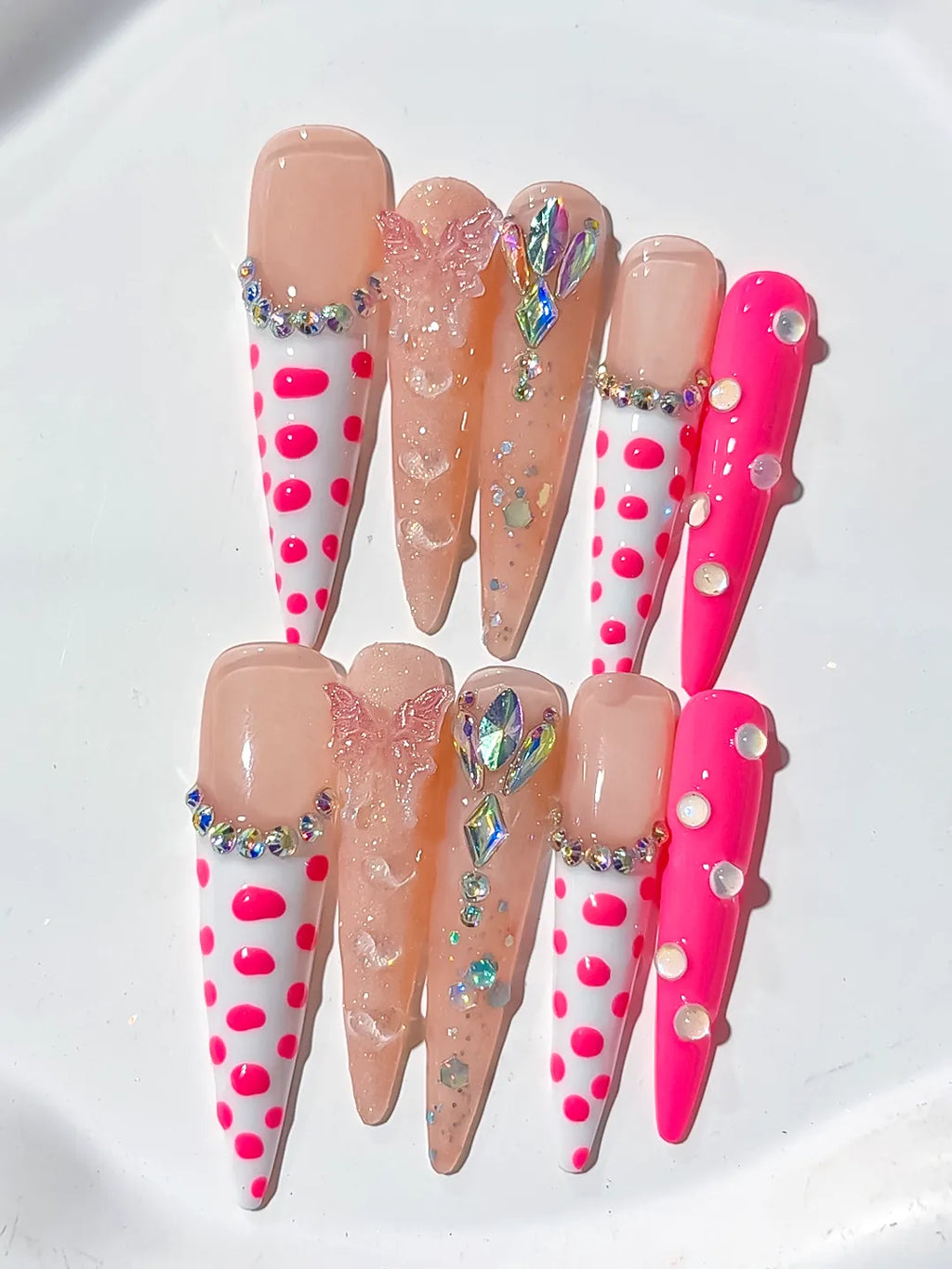 L075 - Long Nude White Stiletto Abstract Dot Pattern Bow