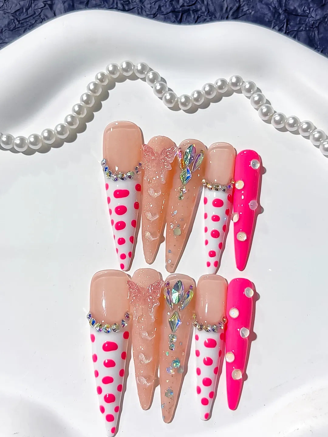 L075 - Long Nude White Stiletto Abstract Dot Pattern Bow