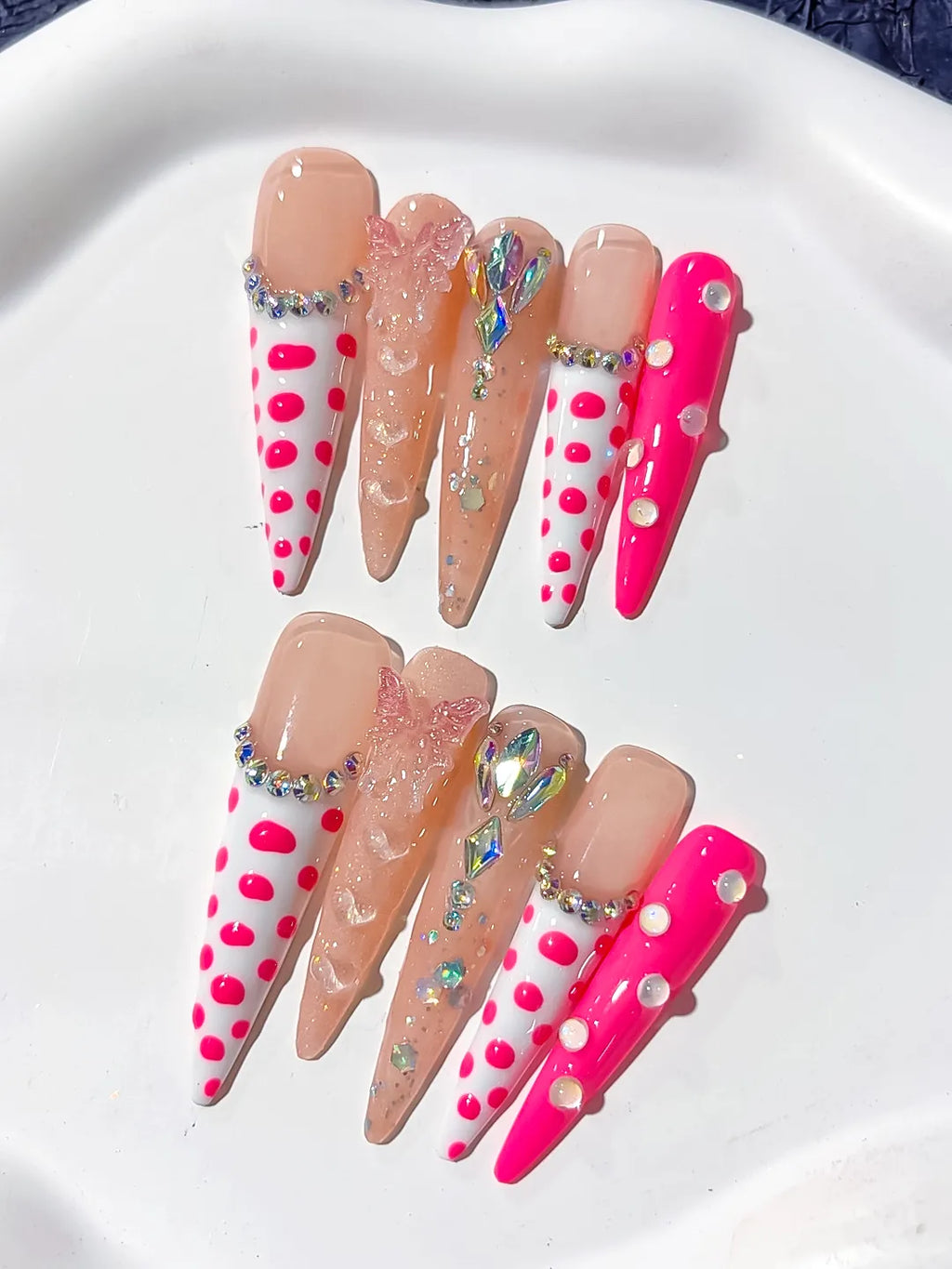 L075 - Long Nude White Stiletto Abstract Dot Pattern Bow