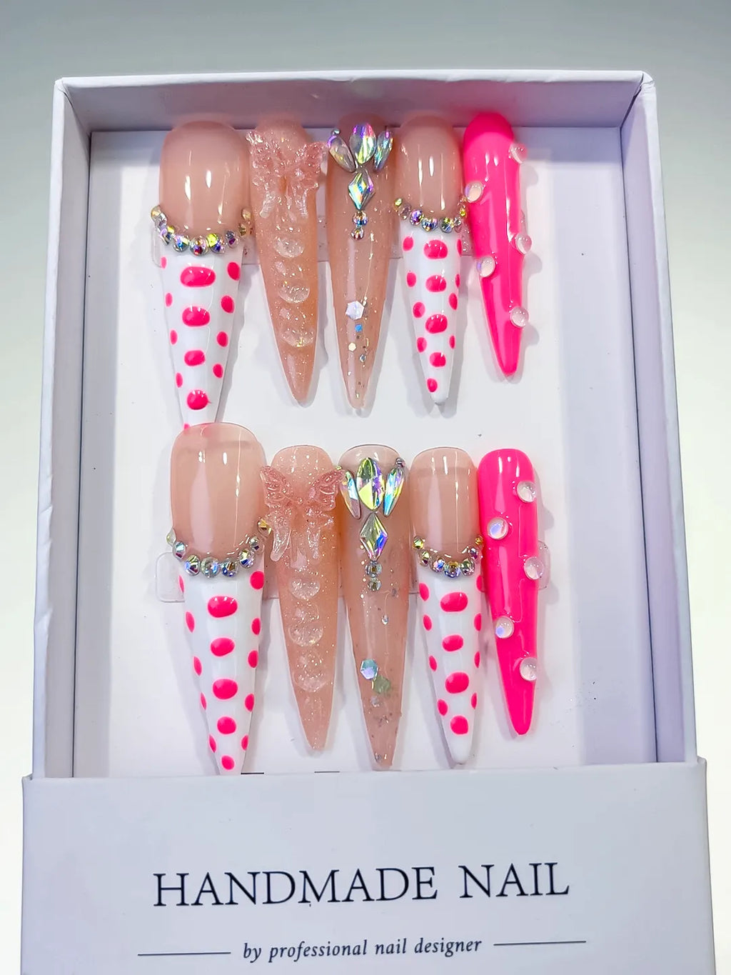 L075 - Long Nude White Stiletto Abstract Dot Pattern Bow