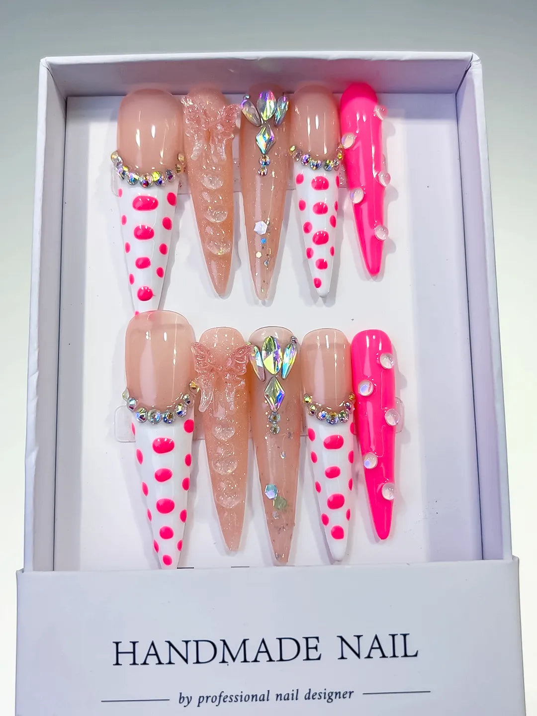 L075 - Long Nude White Stiletto Abstract Dot Pattern Bow