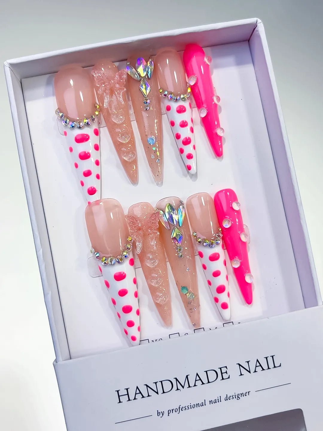 L075 - Long Nude White Stiletto Abstract Dot Pattern Bow