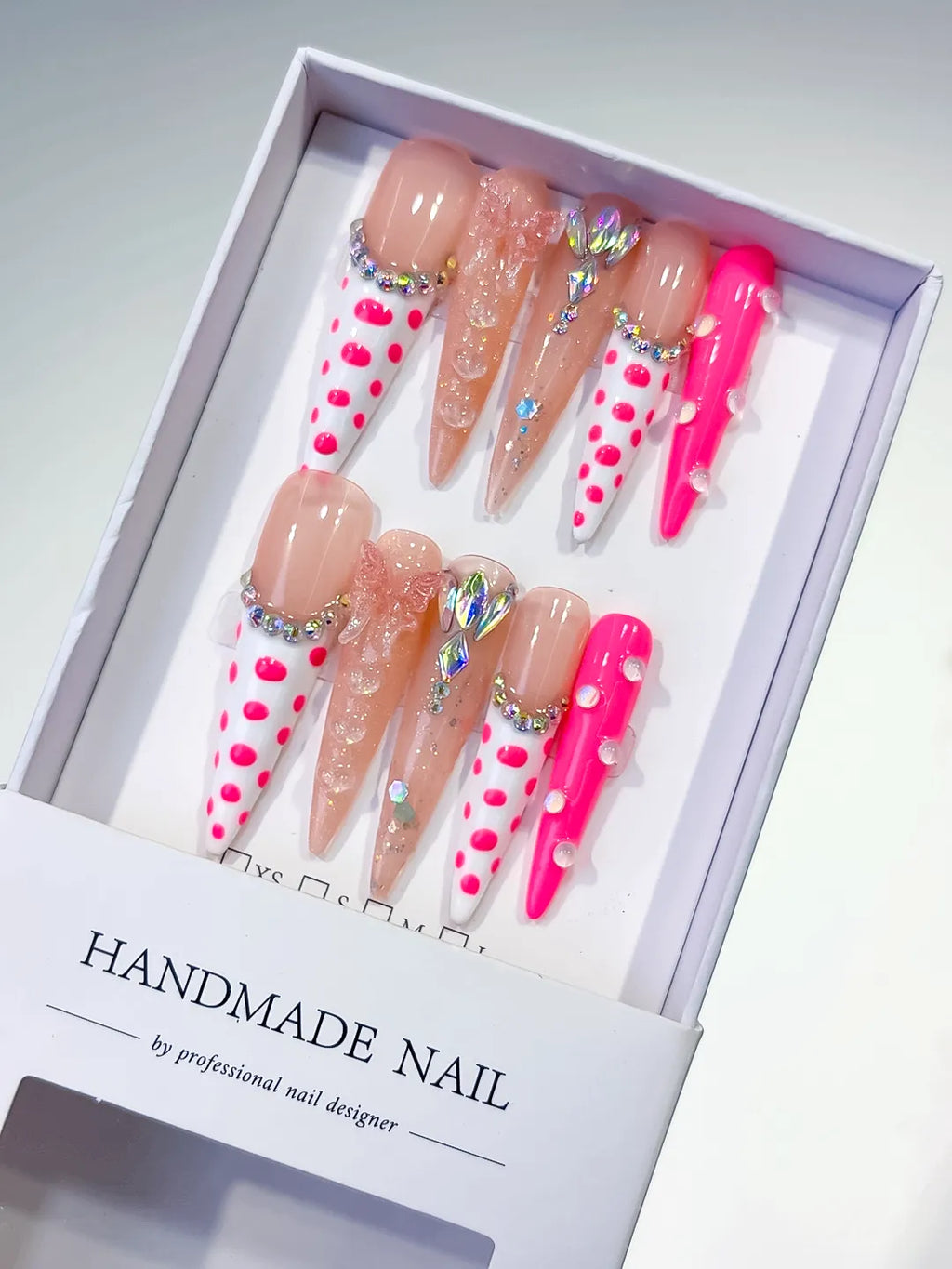 L075 - Long Nude White Stiletto Abstract Dot Pattern Bow