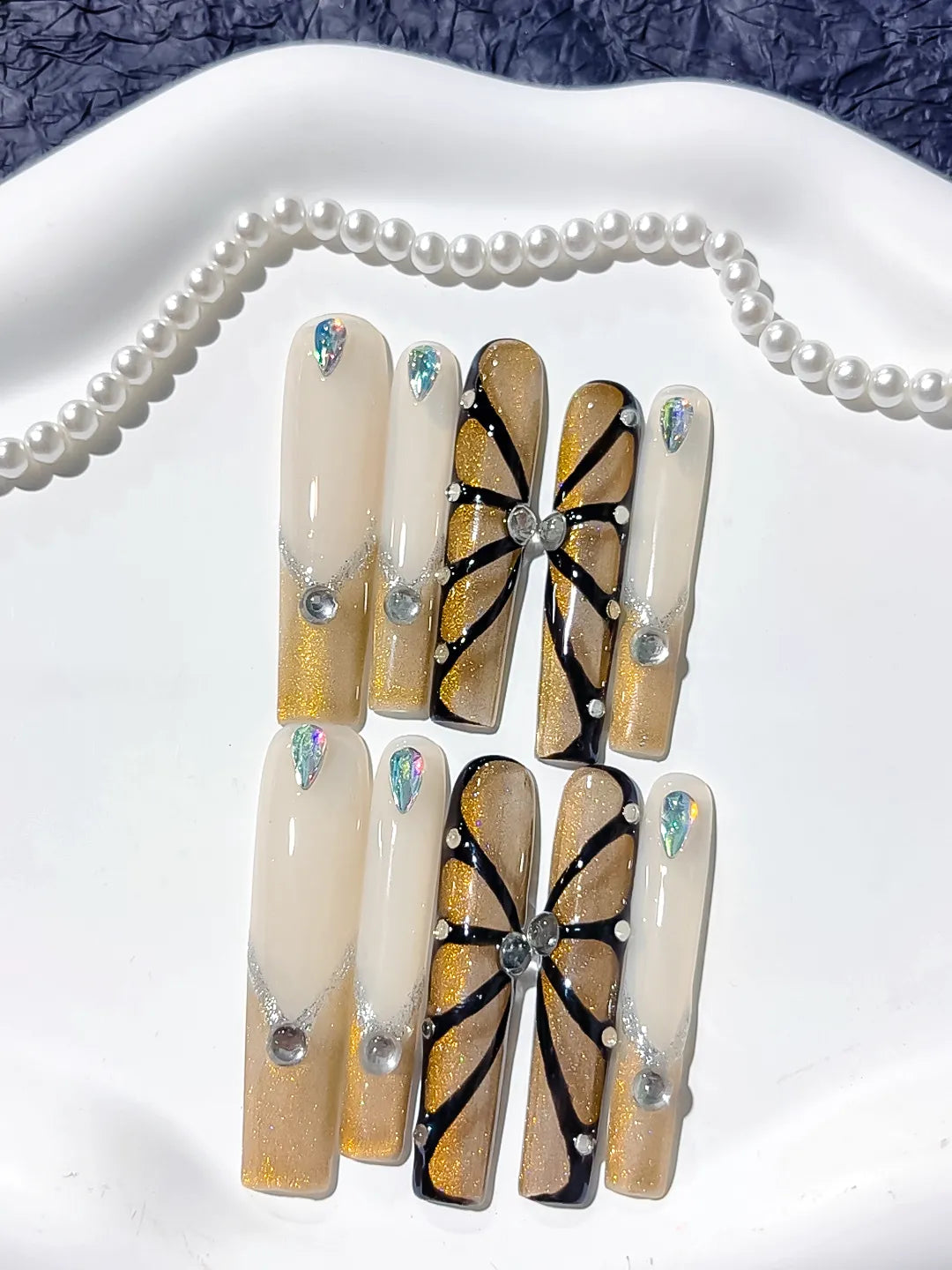 L076 - Long White Gold Square Abstract Rhinestone