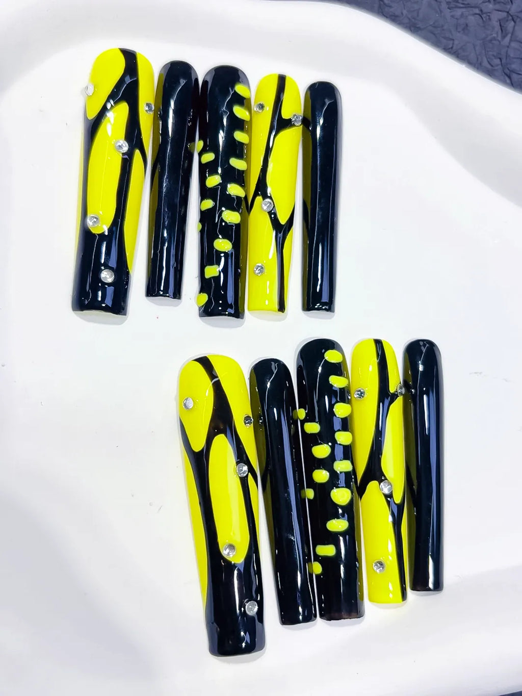 L077 - Long Black Yellow Square Abstract Rhinestone
