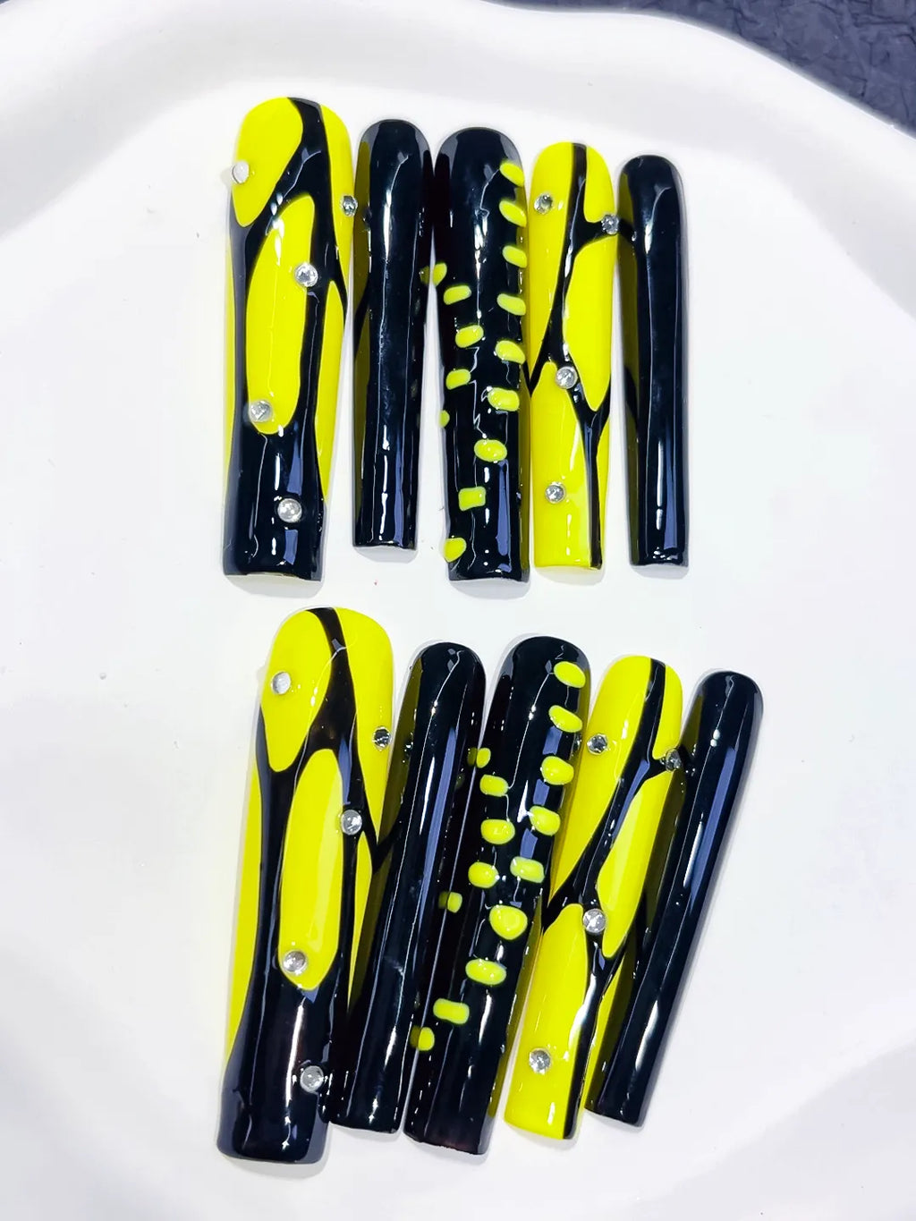 L077 - Long Black Yellow Square Abstract Rhinestone