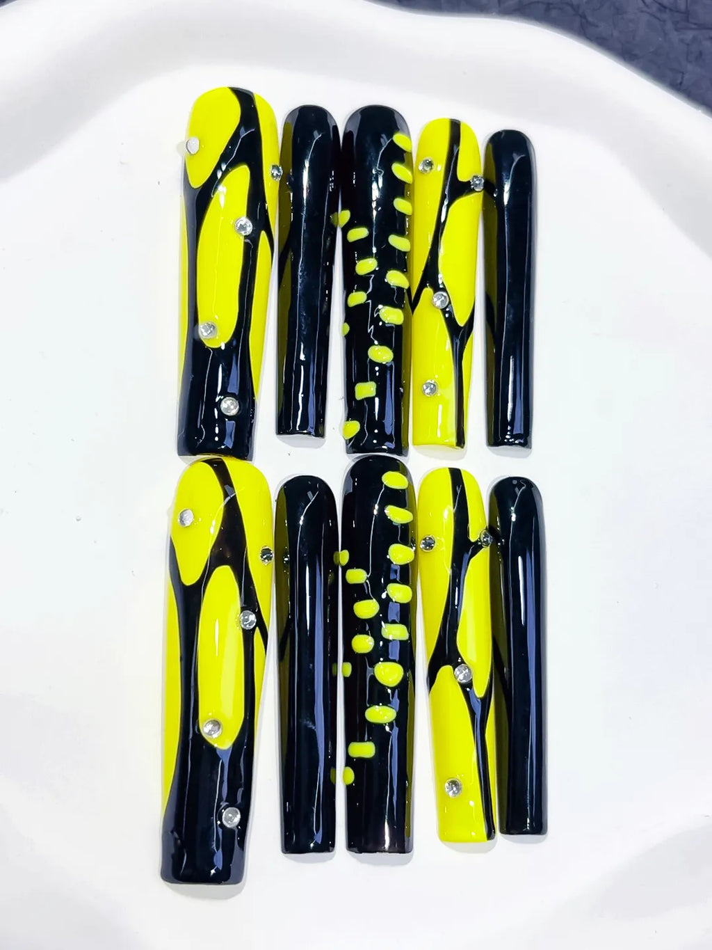 L077 - Long Black Yellow Square Abstract Rhinestone