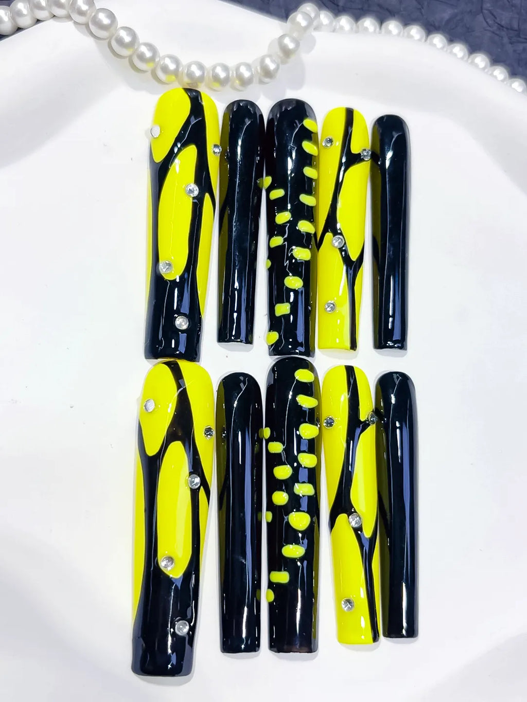 L077 - Long Black Yellow Square Abstract Rhinestone