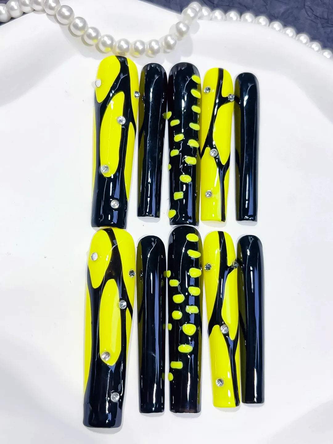 L077 - Long Black Yellow Square Abstract Rhinestone