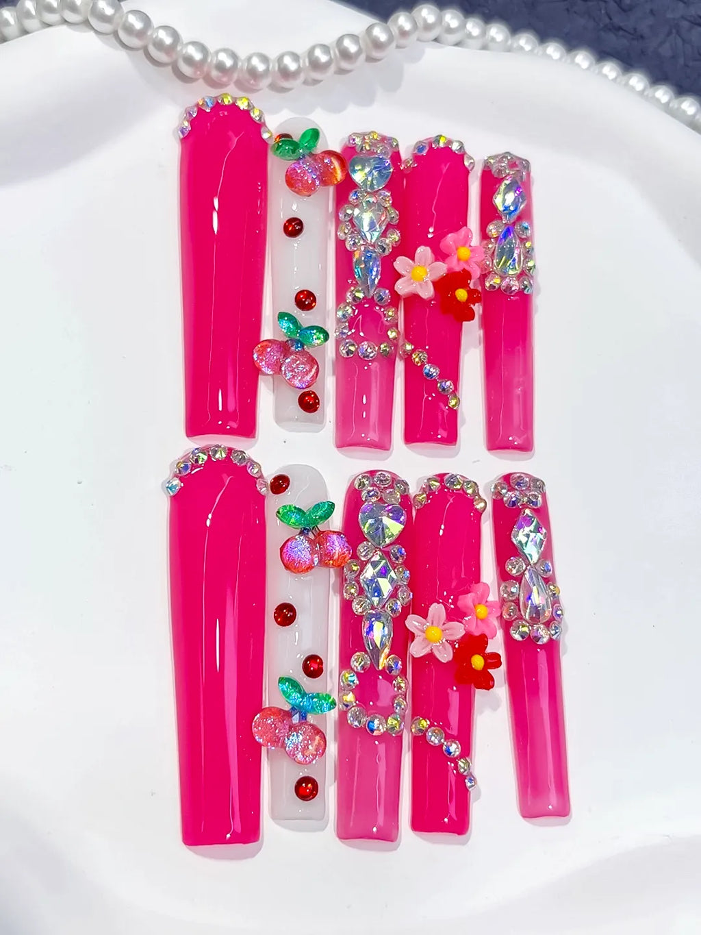 L078 - Long Pink Red Square Solid color Cherry Flower