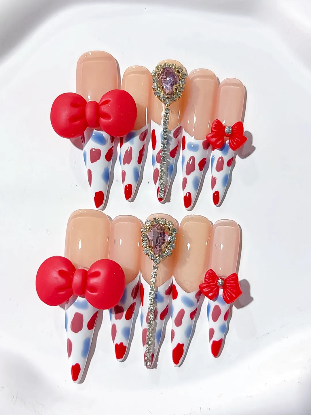 L079 - Long Nude White Stiletto Abstract Bow Heart