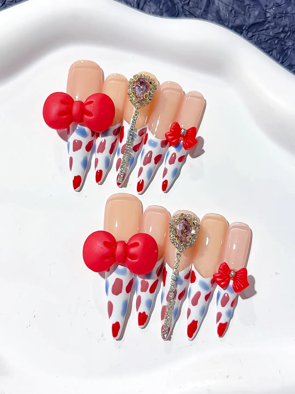 L079 - Long Nude White Stiletto Abstract Bow Heart