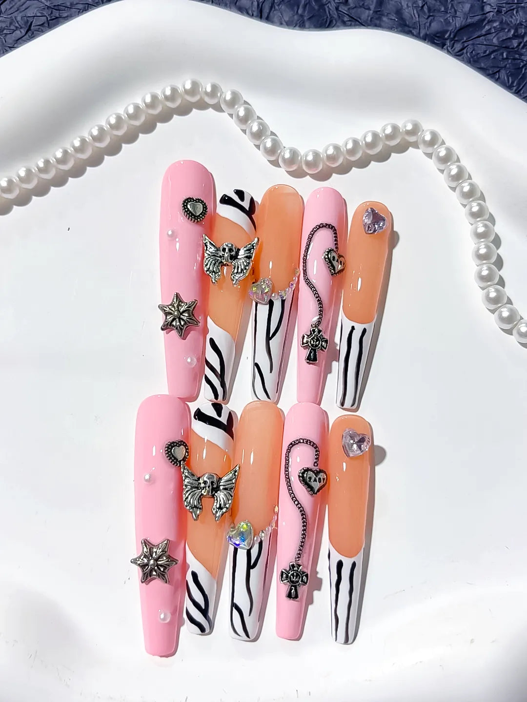 L081 - Long Pink Nude Coffin Abstract Star Bow