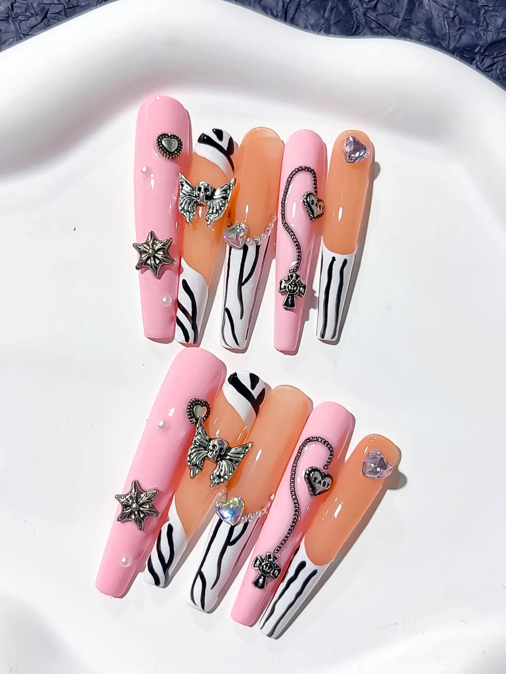 L081 - Long Pink Nude Coffin Abstract Star Bow